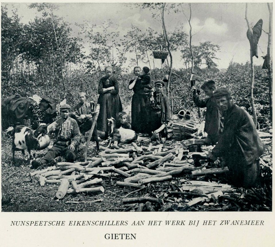 Nunspeetse eikenschillers aan het werk bij het Zwanemeer. Het bijschrift noemt hen bij hun herkomst: schillers uit Nunspeet, die voor het seizoen naar Drenthe kwamen om de bast van het gehakte eikenhout te halen. Uit welke uitgave de plaat komt staat er niet bij; de scanner dateert de serie op de jaren twintig. Het beeld is alleen verkleind naar 960 pixels, niet bijgesneden. https://www.flickr.com/photos/8725928@N02/10824115855/
