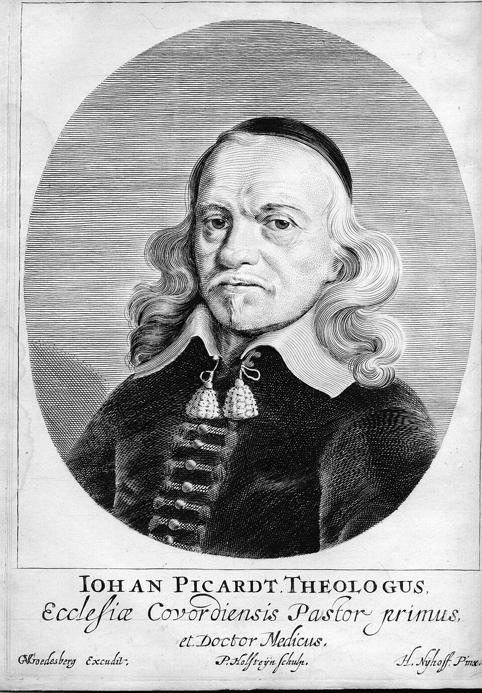 Picardt op zijn zestigste, gegraveerd door Pieter Holsteyn II voor het boek van 1660 waarin hij Drenthe beschreef.