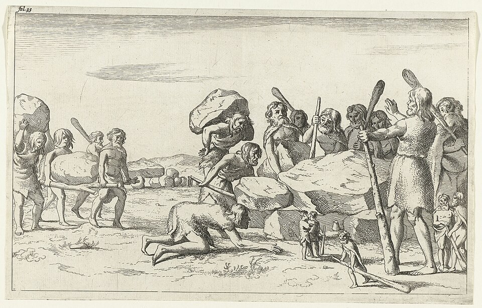 Reuzen bouwen een hunebed – de ets uit hetzelfde boek, van dezelfde graveur. Dit is niet hoe het ging, maar wel hoe men het in 1660 voor zich zag, en zo heeft het beeld eeuwenlang standgehouden.