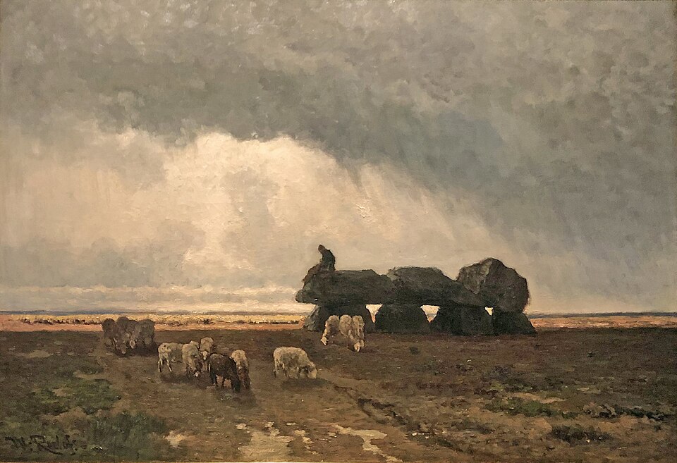 Het hunebed van Tynaarlo, geschilderd door Willem Roelofs in 1861. De schaapskudde en de kale heide zijn weg; de stenen liggen er nog precies zo bij. Roelofs legde in zijn leven maar twee hunebedden vast, en dit is de eerste.